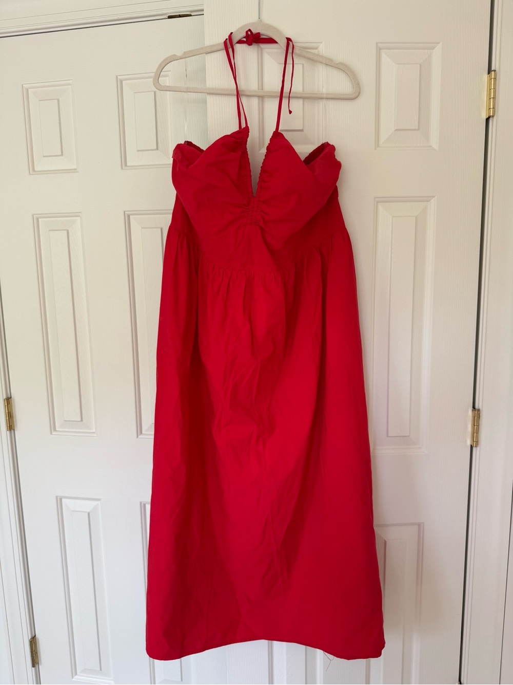 100% Cotton Red Halter Midi Dress European Summer Vacation Resort Wear